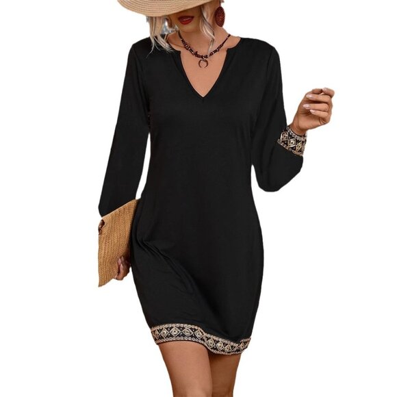 2/$50 Black Boho Long Sleeve Mini Dress with Embroidered Trim V-Neck Tunic Sz M - Picture 8 of 8